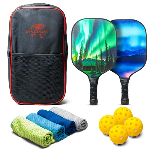 Pickleball Paddle Set - USAPA Approved Fiberglass Paddles | Lightweight Honeycomb Core | Includes 4 Balls, Carry Bag, and Cooling Towels | Ideal for All Players by EPICOURT - size: 2 Pack, style: Wilderness