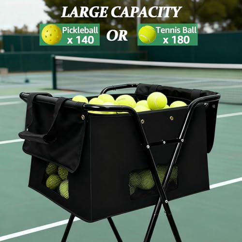 Tennis Ball Hopper Cart with 4 Wheels，Foldable Large Capacity Pickleball & Tennis Ball Collector for Court Training, Coaching