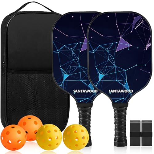 Pickleball Paddles Set of 2, Fiberglass Pickleball Racket, 2 Pickleball Rackets, 4 Balls, 2 Grip and 1 Portable Carry Bag, Aesthetic Pickle Ball Rackets 2 Pack for Men Women Beginners