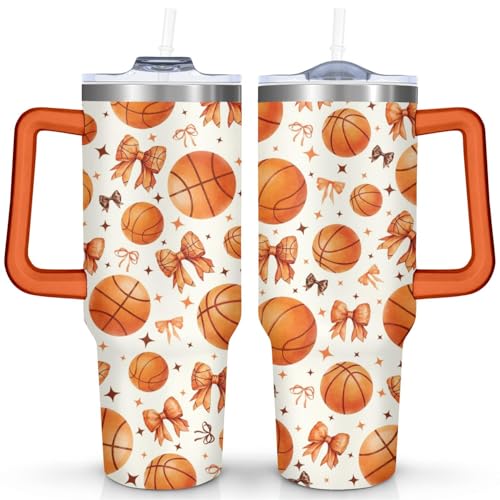 Ceovfoi 40 oz Basketball Coffee Mug Cup, Vacuum Insulated Travel Tumbler with Handle, Lid and Straw, Basketball Coach Gifts Sports Accessories Stuff for Men Women - color: Basketball 2