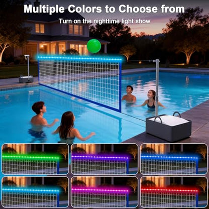 Pool Volleyball Net Set with High Brightness LED Solar Powered Lights, 15ft-32ft Adjustable Portable Volleyball Net with 40L Weighted Base for Inground Pools, 2 Ball & Pump for Family Fun, Party Games