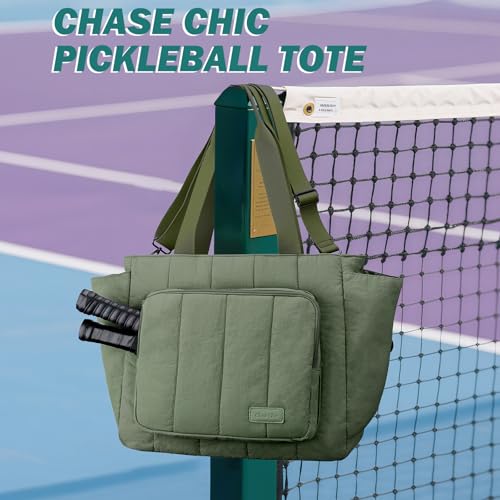Chase Chic Pickleball Tote Bag for Women,Lightweight Puffer Quilted Pickle Ball Paddle Holder for Gym Sports - color: Green