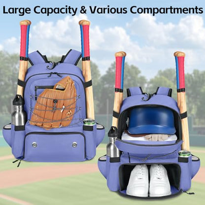 MATEIN Baseball Bat Bag for 4 Bats with Ball Pocket, Lightweight Youth Baseball Backpack with Shoe Compartment, Large Capacity Softball Equipment Bag with Fence Hook for TBall Gear, Helmet, Glove - color: Purple