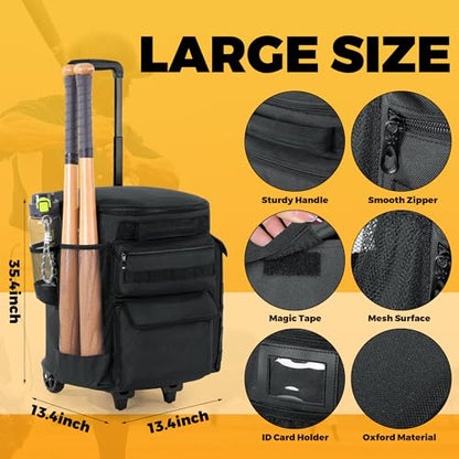 MABOZOO Baseball Bucket Bag with Wheels, Softball Bucket Bag, Baseball Coaches Organizer with Multiple Pockets for Bat, Gloves, Scoreboards and Other Accessories