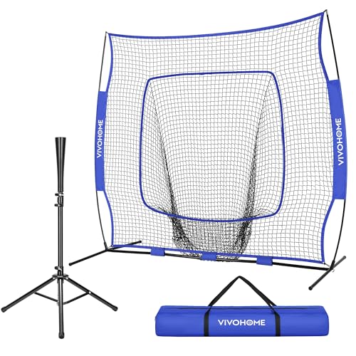 VIVOHOME Baseball Softball Batting Net - 7x7 Ft Baseball Backstop, Softball Practice Net for Hitting, Pitching, Throwing with Batting Tee and Carry Bag - style: 7 x 7 ft Blue Net with Tee