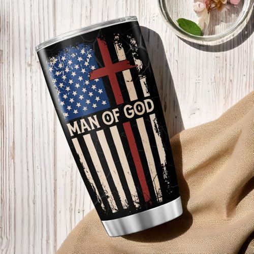 Christian Man of God 20oz Insulated Tumbler, Bible Verse Travel Mug with American and Cross, Religious Gift for Men, Spiritual Faith Cup for Dad, Husband, Pastor, Church - color: Christian American Flag
