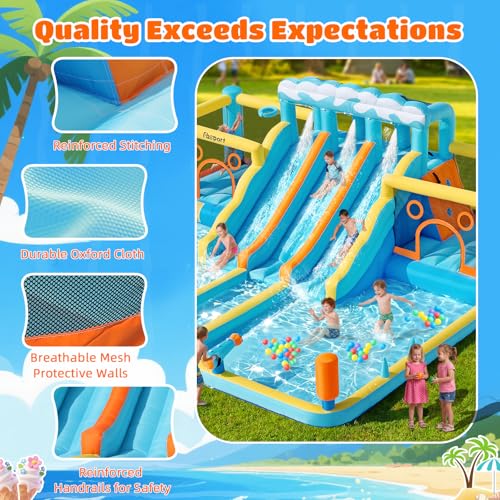 FBSPORT Inflatable Bounce House Water Slide, 3 Slides & 2 Bouncers 10-in-1 Water Slide Park Bounce House with 950W Blower, Bouncy Castle for Kids Backyard Party Outdoor, with Water Gun, Splash Pool