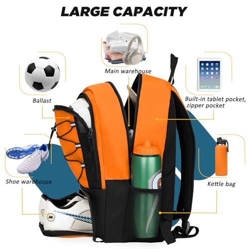 Goloni Soccer Bag, Basketball Bag with Ball Compartment & Shoe Compartment,Large Soccer Backpack for Basketball,Gym，Football - color: orange