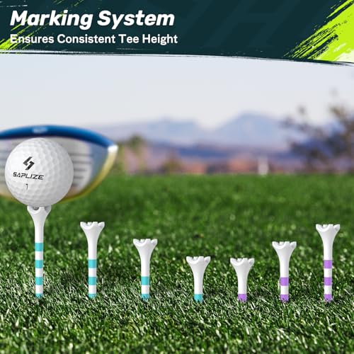 SAPLIZE Upgraded 4-Prong Golf Tees Plastic, 50/100/120/200 Pack (1-1/2", 2-3/4'', 3-1/4"), Engineered to Reduce Friction & Side Spin, Unique Golf Gifts for Golfers - color: Purple (25pcs, 2-3/4") & Green (25pcs, 3-1/4")