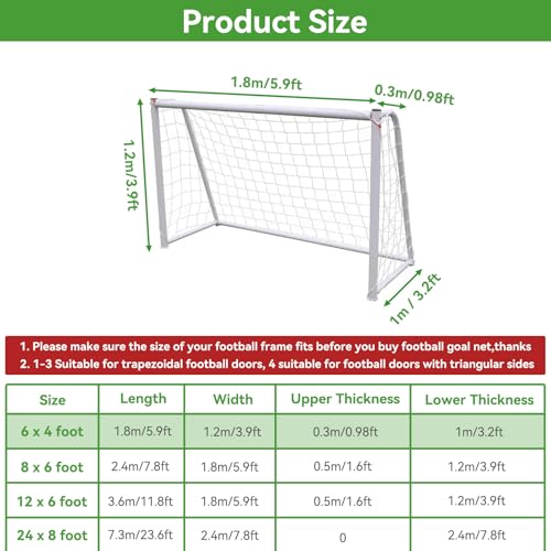 Soccer Net, Soccer Goal Replacement Net for 24x8ft, 12x6ft, 8x6ft and 6x4ft, Football Goal Post Netting, Adults and Youth Soccers Practice 5 Size Ball - size: 6X4FT