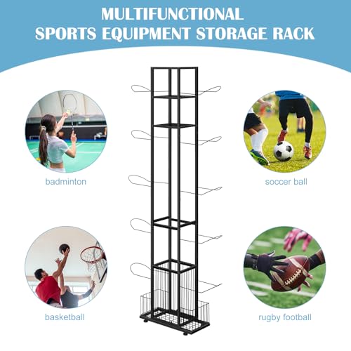BTY Sports Equipment Organizer Ball Storage Rack Freestanding Basketball Holder Vertical Garage Ball Storage Display Stand for Volleyball Football Badminton Black