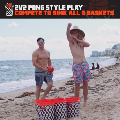 BasketPong Giant Yard Pong and Basketball Game with 12 Buckets, 2 Balls, Carrying Bag, and Air Pump – Outdoor Game for Lawn, Backyard, Beach, and Parties