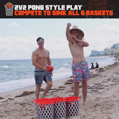 BasketPong Giant Yard Pong and Basketball Game with 12 Buckets, 2 Balls, Carrying Bag, and Air Pump – Outdoor Game for Lawn, Backyard, Beach, and Parties