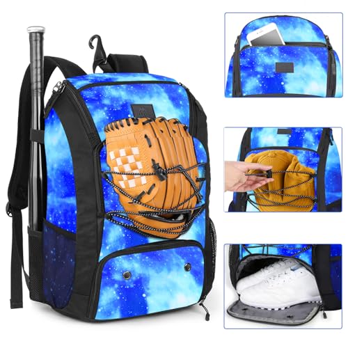 MATEIN Baseball Backpack, Softball Bat Bag with Shoes Compartment for Youth, Boys and Adult, Lightweight Baseball Bag with Fence Hook Hold TBall Bat, Batting Mitten, Helmet, Caps, Teeball Gear - color: Galaxy Blue, size: 29L