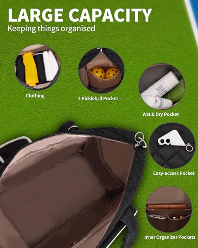 ESTARER Pickleball Tote Bag for Women with Shoe Compartment Large Pickleball Paddle Storage & Fence Hook - color: Black