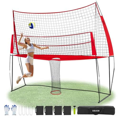 VEVORAdjustable Height Badminton Net Set for Backyard Beach Lawn, Outdoor Portable Volleyball Net with Carrying Bag, 4 Square Quick Assemble Game Set for Kids and Adults - color: Red, size: 12 x 11 ft