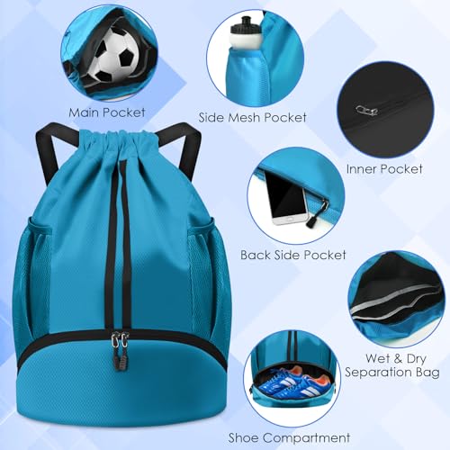 BROTOU Soccer Bags, Football Backpack, Volleyball Bag, Drawstring Backpack with Ball and Shoe Compartment, Football bags for Equipment Swim Gym Bag - color: Lake Blue