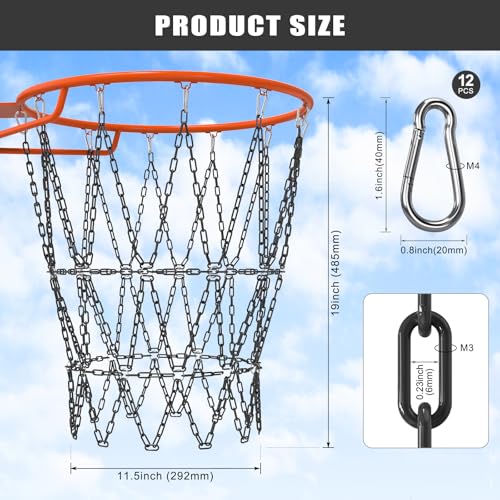 Insaga Chain Basketball Net Heavy Duty Metal - 19'' Basketball Chain Net for Hoop Outdoor Indoor Replacement, Rustproof Steel Chain Net for Standard 12-Loop Rim, Easy to Install