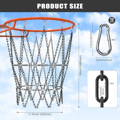 Insaga Chain Basketball Net Heavy Duty Metal - 19'' Basketball Chain Net for Hoop Outdoor Indoor Replacement, Rustproof Steel Chain Net for Standard 12-Loop Rim, Easy to Install