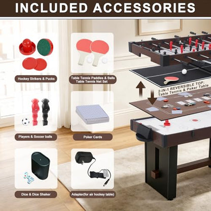 4-in-1 Multi Game Table, 54" Combination Game Table Set, Combo Games Table with Air Hockey, Table Tennis, Foosball, Poker Tabletop for Family, Game Room, Teenagers, Adults