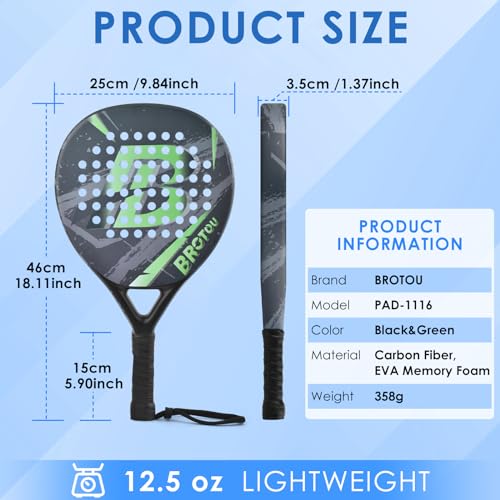 BROTOU Padel Tennis Racket Carbon Fiber Surface with EVA Memory Foam Core with Carry Bag