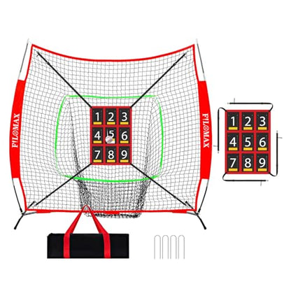 7x7 ft Baseball & Softball Practice Net with 9 Numbered Strike Zone | PRO Training Net for Hitting, Pitching & Batting | with Carry Bag, Bow Frame for All Ages & Skills - color: red