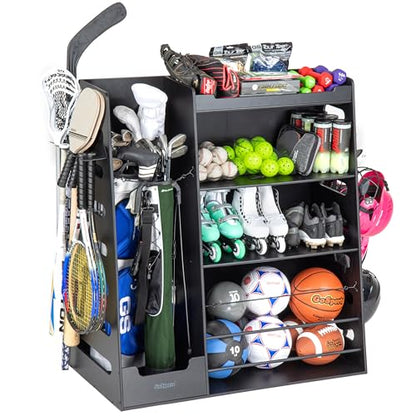 GoSports Premium Wooden Sports Equipment Organizer with Storage Hooks - Golf Bag Rack and Multi-Sport Ball Bin for Garage