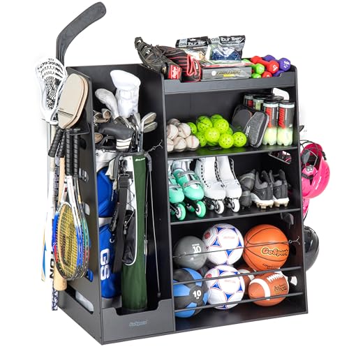 GoSports Premium Wooden Sports Equipment Organizer with Storage Hooks - Golf Bag Rack and Multi-Sport Ball Bin for Garage