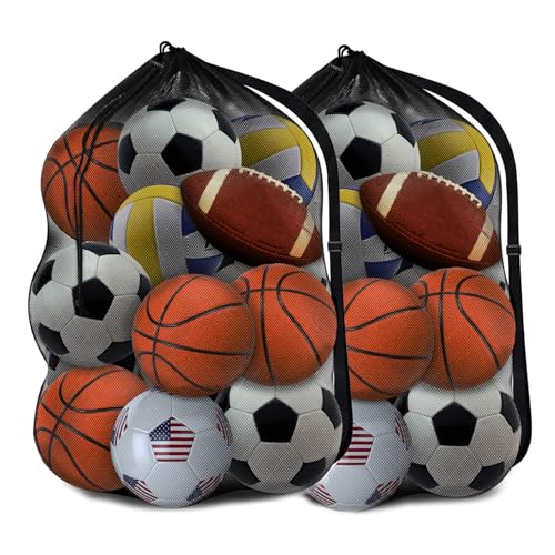 Heavy Duty Mesh Ball Bag, 30x40‘’ Large Sports Equipment Organizer for Soccer Basketball Volleyball, Breathable Gear Bag with Adjustable Strap for Coaches and Gym - color: Black-2Pack