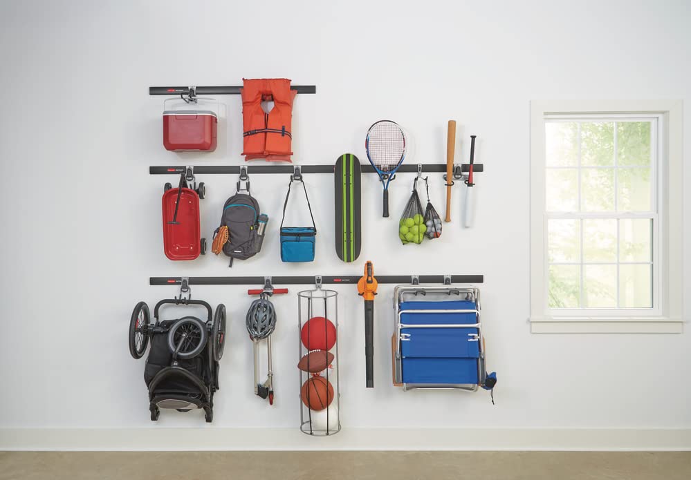 Rubbermaid 20-Piece FastTrack Garage Wall-Mounted Storage Kit 5 Rails and 15 Hooks for Home/House/Tool/Sports/Utility Purposes - size: 5 Rails, 15 Hooks