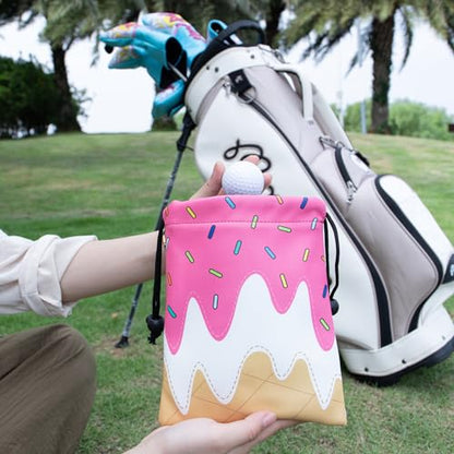 Golf Valuables Pouch, Leather Golf Tee Pouch with Drawstring Closure Golf Ball Tee Handbag Portable Golf Accessories - color: Ice Cream Pink