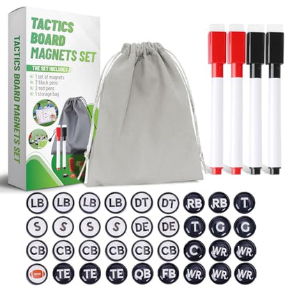 ZPU 36 Picese Football Board Magnets, Football Magnets Set with 2 Dry Erase Black Marker Pens, 2 Red Marker Pens, 1 Storage Bag, Tactics Strategy Board Coaches Clipboard Accessories - style: Football-New