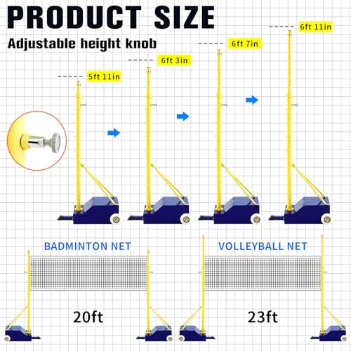 Volleyball Poles for Backyard with Net, Indoor Outdoor Heavy Duty Adjustable 4 Heights of 5-6.8 Foot with Wheels for Adults Stadium Garden