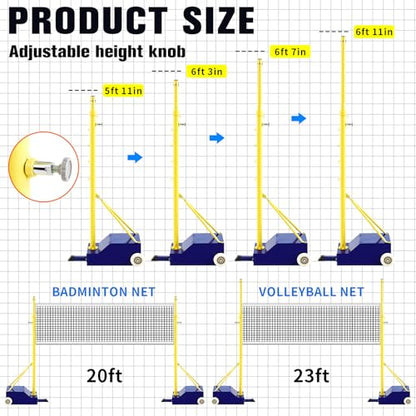 Volleyball Poles for Backyard with Net, Indoor Outdoor Heavy Duty Adjustable 4 Heights of 5-6.8 Foot with Wheels for Adults Stadium Garden