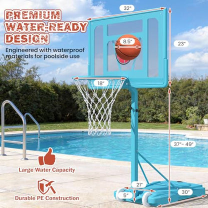 32“x23” Pool Basketball Hoop, 3.1FT-4.1FT Height Adjustable Poolside Basketball Hoop,Include Air Pump,Basketball, Made for Teens, Adults, Blue - color: Blue, size: 3.1-4.1FT