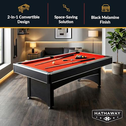 Hathaway Maverick 7 Foot Pool Table with Table Tennis Top – with Accessories for Both Games – Space-Saving Ping Pong and Pool Table Combo for Families – Matte Black Finish - color: Black with Red Felt
