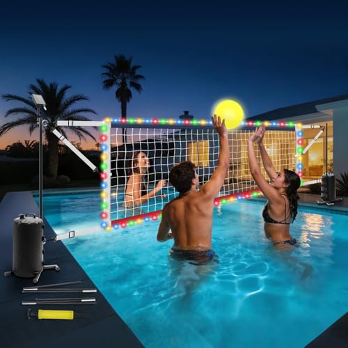 Pool Volleyball Net Set with LED Lights, Adjustable 15-32FT Net for Inground Pools, Volleyball Net with Glow Ball,Weighted Bases, Solar Powered Lights, Outdoor Water Volleyball Games for Family - style: Inground Pool Volleyball Net
