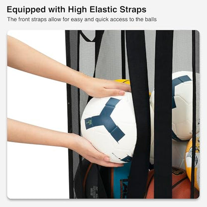 STO STO Ball Storage Basket, Wall-Mounted or Freestanding Garage Ball Organizer Holder, Holds up to 15 Balls, Sports Equipment Organizer with Elastic Front Access for Garage, Gym, Playroom, Black