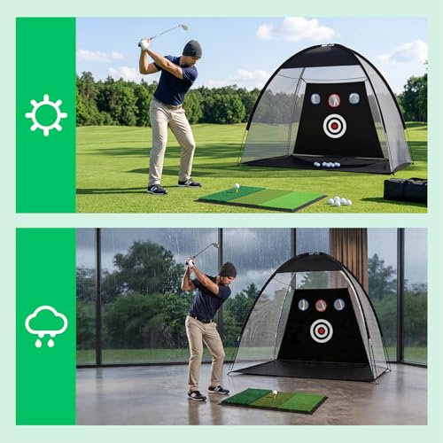 Golf Practice Net with Mat, 10x7ft Golf Hitting Net for Home Practice, Heavy Duty Garage Setup & Backyard Training Kit, Driving & Chipping Net with Target, Easy Assembly,Perfect Golf Gift for Men&Dad