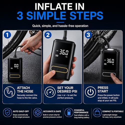 Portable Bike Air Compressor – Mini Electric Tire Pump with Auto Shut-Off, Multi-Valve Compatible, Rechargeable Tire Inflator for Bikes, Cars & E-Bikes