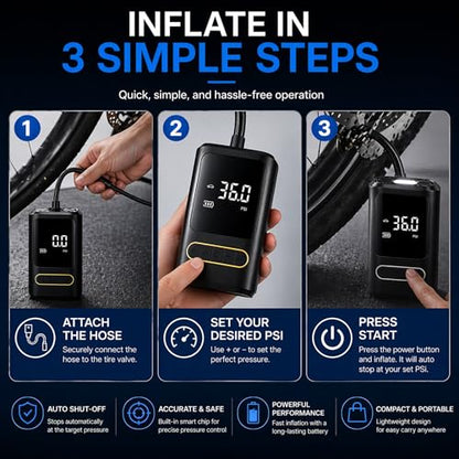 Portable Bike Air Compressor – Mini Electric Tire Pump with Auto Shut-Off, Multi-Valve Compatible, Rechargeable Tire Inflator for Bikes, Cars & E-Bikes