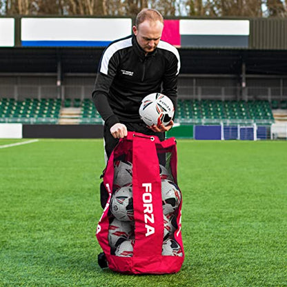 FORZA Premier Ball Carry Bag | Drawstring Soccer, Basketball, Netball & Volleyball Mesh Bag | 5 Color Options - Heavy Duty Equipment Holdall | 12 Ball Capacity - color: Red