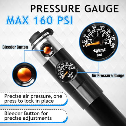 BUCKLOS Mini Bike Tire Pump with Gauge Portable Bicycle Hand Air Pump 160Psi Presta Schrader Valve Air Pressure Gauge for Mountain Bike Road Bikes Balls Handheld Accessories Tool