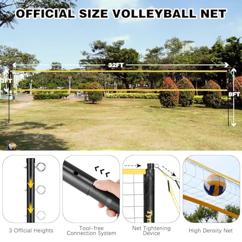 Volleyball Net Outdoor, Professional Volleyball Net for Backyard with Anti-Sag Device Adjustable Height Poles, Portable Volleyball Set with Official Volleyball, Pump, Boundary Line