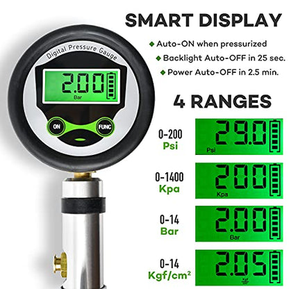 CycloSpirit Digital Bicycle Tire Inflator Gauge with Auto-Select Valve Type - Presta and Schrader Air Compressor Tool