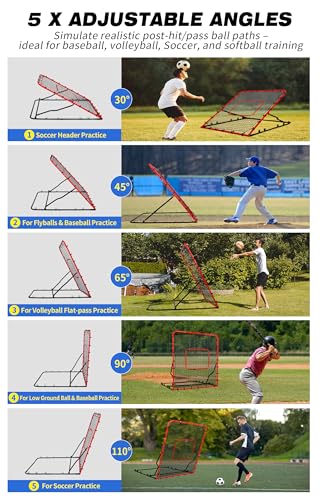 5-Angle Baseball Rebounder Net Bounce Back Net Solo Fielding Trainer 48x52 Inch, Multi-Sport Pitch Back for Ground, Line Drive, Fly Ball with Stable Frame, 45-PLY Net, Carry Bag - color: Red