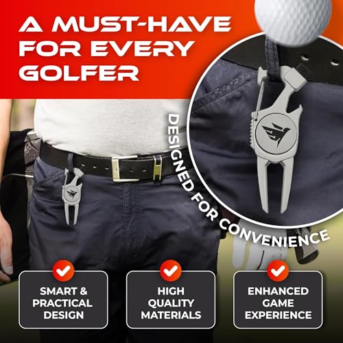 SWIFTEE Golf Divot Pitch Mark Repair Tool 7-in-1 - Club Holder, Brush, Clip Buckle, Groove Cleaner, Bottle Opener, Ball Marker, Divot Tool - Gift Box Included - color: Matte Black