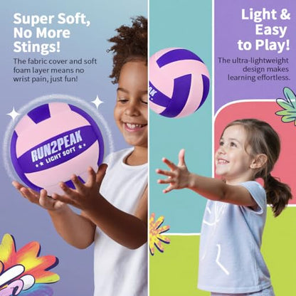 RUN2PEAK Super Soft Light Volleyball - Safe and Quiet Fabric Volleyball Ball for Indoor Play - Official Size 5 Kids Youth Beginners Lightweight Volleyballs Trainer for House Yard Training Practice