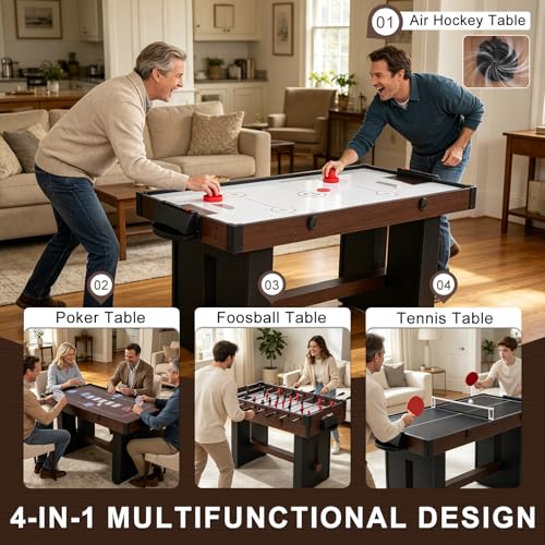 4-in-1 Multi Game Table, 54" Combination Game Table Set, Combo Games Table with Air Hockey, Table Tennis, Foosball, Poker Tabletop for Family, Game Room, Teenagers, Adults