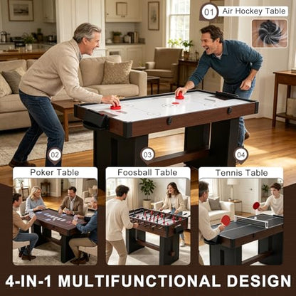 4-in-1 Multi Game Table, 54" Combination Game Table Set, Combo Games Table with Air Hockey, Table Tennis, Foosball, Poker Tabletop for Family, Game Room, Teenagers, Adults